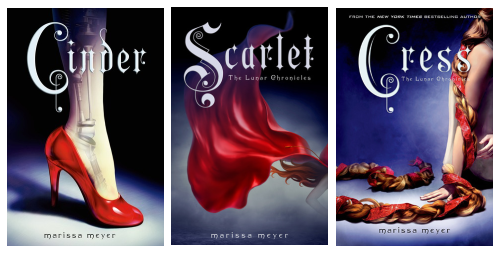 The cover images of Cinder, Scarlet, and Cress. 